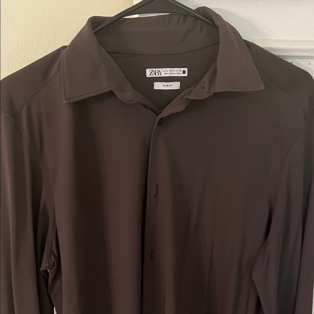 Zara Men's Chocolate Brown Button-Down Shirt
